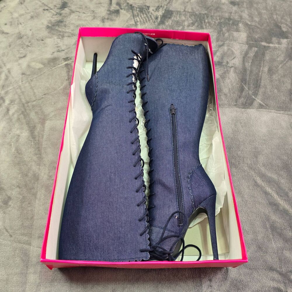Denim Knee High Boots Size 8.5 | Y2K Festival Statement Heels - Picture 12 of 13